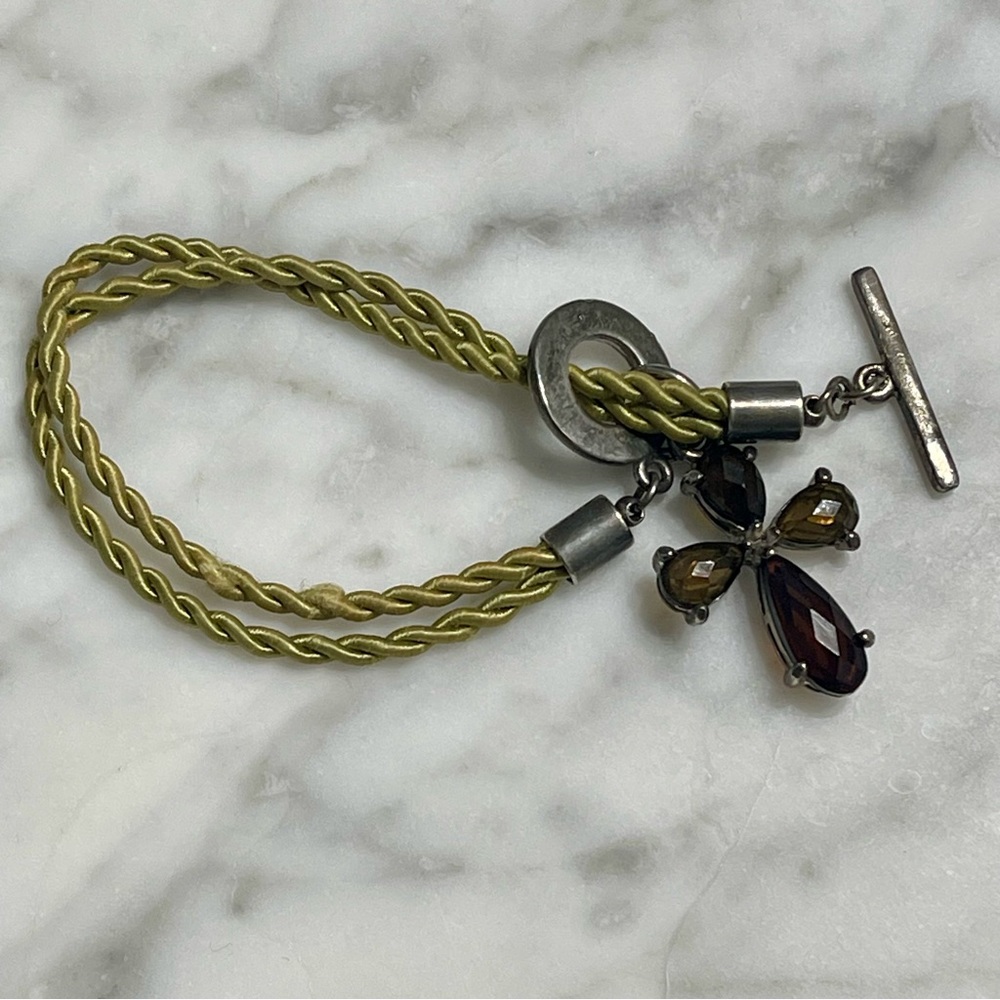 Smoky Topaz Cross Bracelet w/twisted green silk cord & .925 silver toggle clasp - Picture 2 of 8